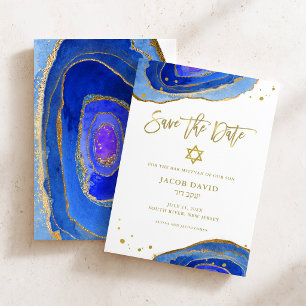 Akvarell Blå Geod med Guld Bar Mitzvah Spara Datumet