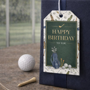 Akvarell Blå Grön Golf Mönster Glad Födelsedag Presentetikett