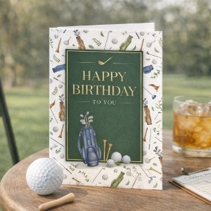Akvarell Blå Grön Golf Tema Glad Födelsedag Kort