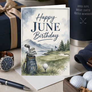Akvarell Blå Grön Manlig Golf Juni Födelsedag Kort