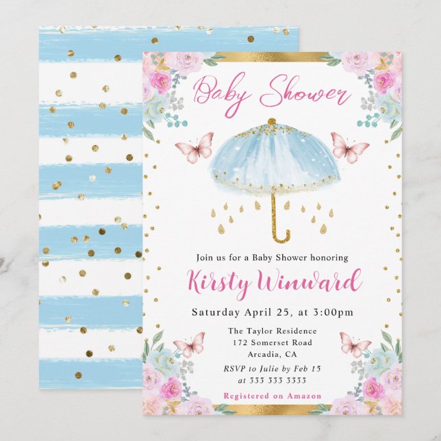 Akvarell Blå Guld Vår Paraply Baby Shower Inbjudningar (Fram/baksida)