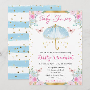 Akvarell Blå Guld Vår Paraply Baby Shower Inbjudningar