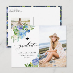 Akvarell Blå Hortensia Blommig Foto Examen Inbjudan Vykort