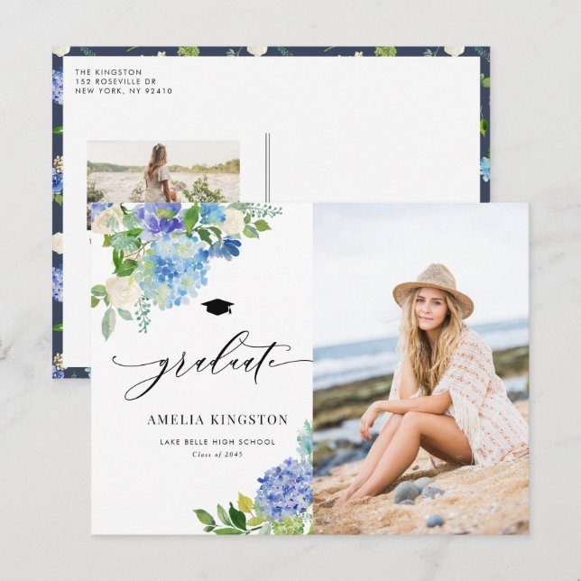 Akvarell Blå Hortensia Blommig Foto Examen Inbjudan Vykort (Fram/baksida)