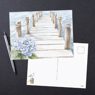 Akvarell Blå Hortensia Strandbrygga Kustnära Helg Vykort