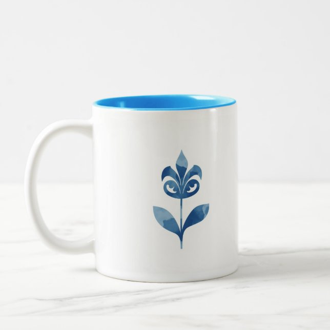 Akvarell Blå Keramik Blomma  Två-Tonad Mugg (Vänster)