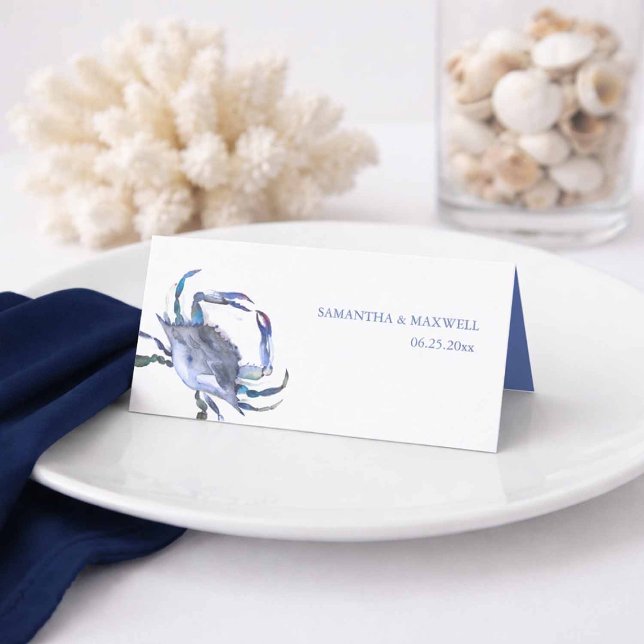Akvarell Blå Krabba Strand Bröllop Plats Kort (Crab place cards in shades of blue watercolor art by Victoria Grigaliunas Do Tell A Belle)