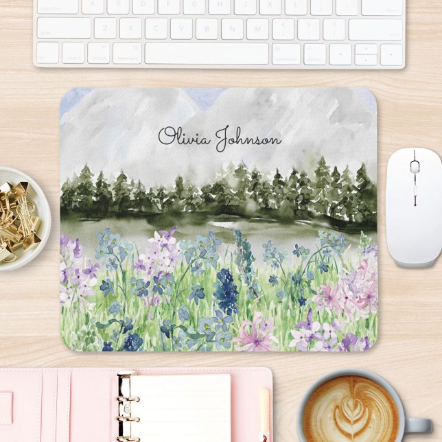 Akvarell Blå Lila Blomma Äng på Berg Musmatta (In situ office desk)