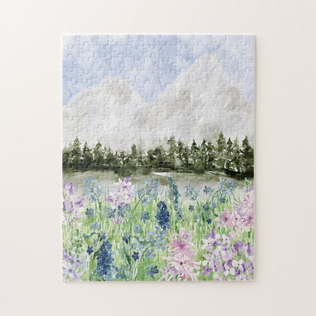 Akvarell Blå Lila Blomma Äng på Berg Pussel (Vertikal)