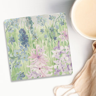 Akvarell Blå Lila Blomma Äng på Berg Stenunderlägg