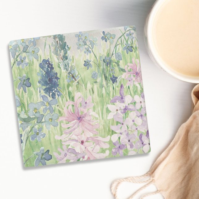 Akvarell Blå Lila Blomma Äng på Berg Stenunderlägg (In situ on table)
