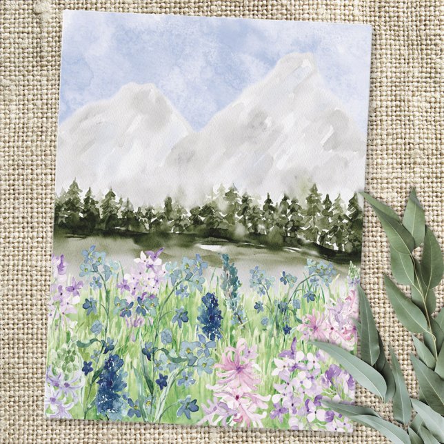 Akvarell Blå Lila Blomma Äng på Berg Vykort (In situ)