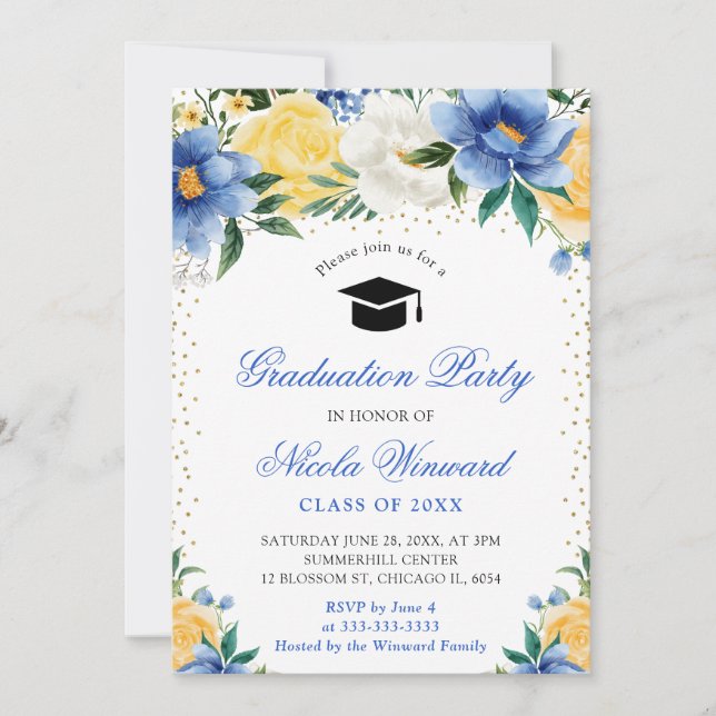 Akvarell Blå och Gula Blommor Examen Inbjudningar (Framsida)