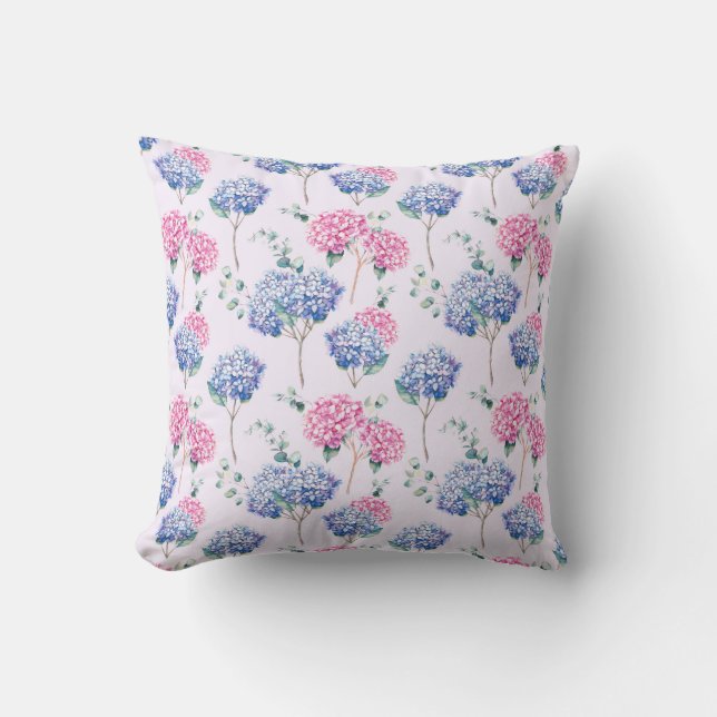 Akvarell Blå och Rosa Hydrangeor Blommigt Mönster Kudde (Framsida)