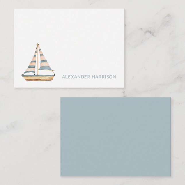 Akvarell blå randig segelbåt anteckningskort (Fram/baksida)