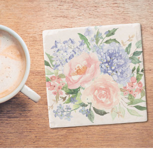 Akvarell Blå Rosa Hydrangea Peony Vår Blomma Stenunderlägg