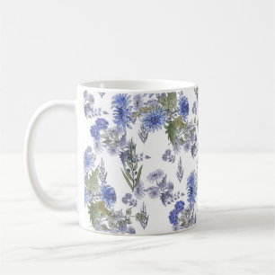 Akvarell blå rosor blommor fjädrar vit kaffemugg