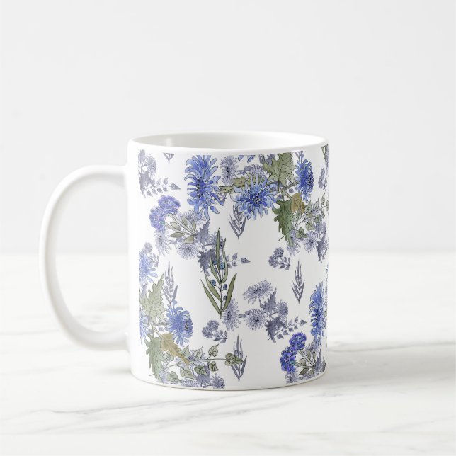 Akvarell blå rosor blommor fjädrar vit kaffemugg (Vänster)