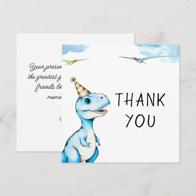 Akvarell Blå Tre Rex Dinosaur Födelsedag Tack Kort (Fram/baksida)