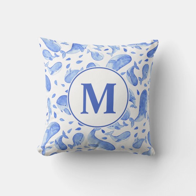Akvarell Blå Val Paisley Barn | Monogram Kudde (Framsida)