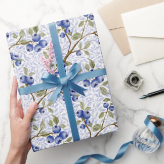 Akvarell Blåbär Botanisk i Blå Grön Vit Presentpapper