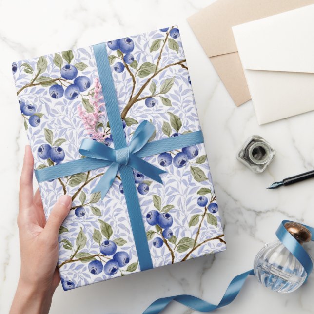 Akvarell Blåbär Botanisk i Blå Grön Vit Presentpapper (Gifting)
