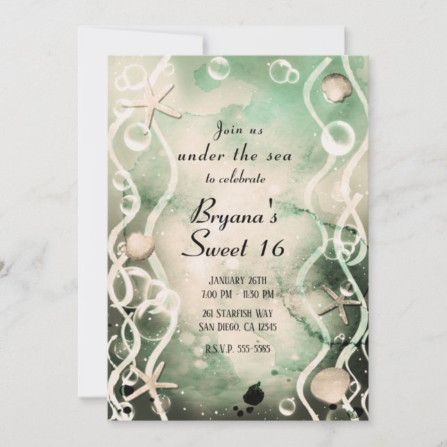 Akvarell bläckstänk Oliv Under havet Söta 16 Inbjudningar (Framsida)