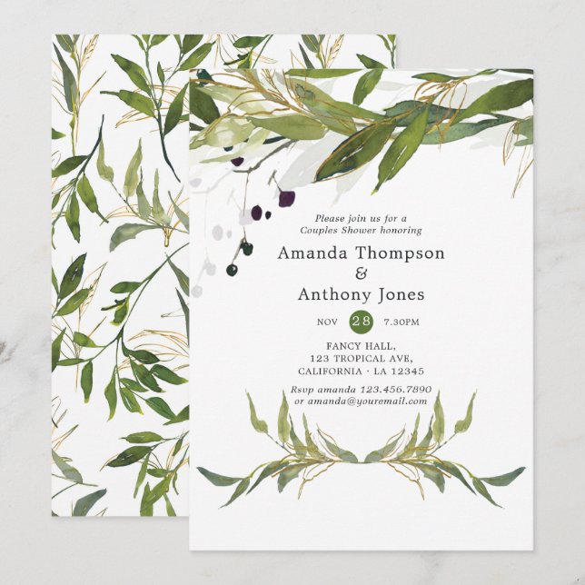 Akvarell Bladgrönsak Bröllopsdusch för Par Inbjudningar (Fram/baksida)