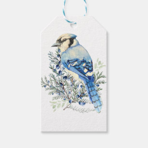 Akvarell Blåskrika Fågel Blåbär Land Art Presentetikett