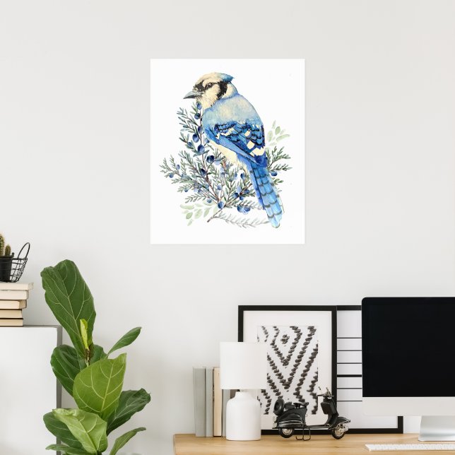 Akvarell Blåskrika Fågel Blåbär Landsbygd Konst Poster (Hemmakontoret)