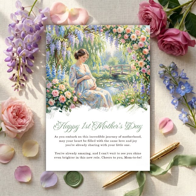 Akvarell Blivande Mamma Glad 1:a Mors Dag Julkort (1st Mother’s Day Holiday Card)