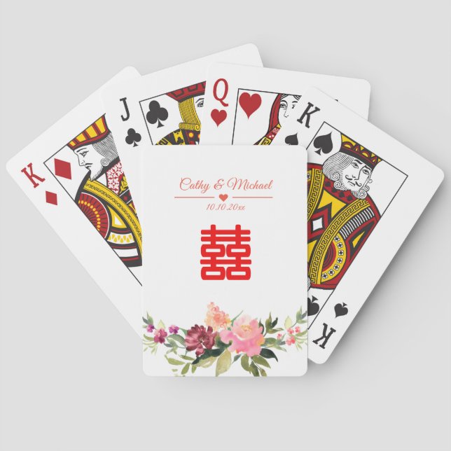 Akvarell blomma dubbel lycka kinesisk bröllop casinokort (Baksidan)
