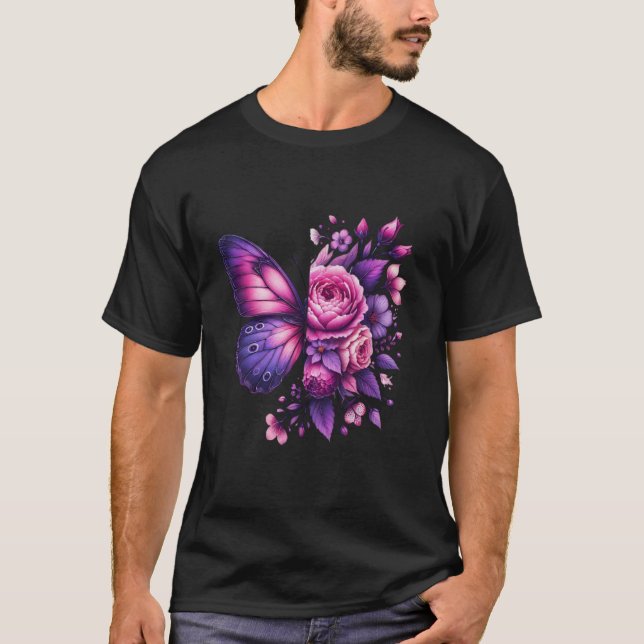 Akvarell Blomma Fjäril T Shirt (Framsida)