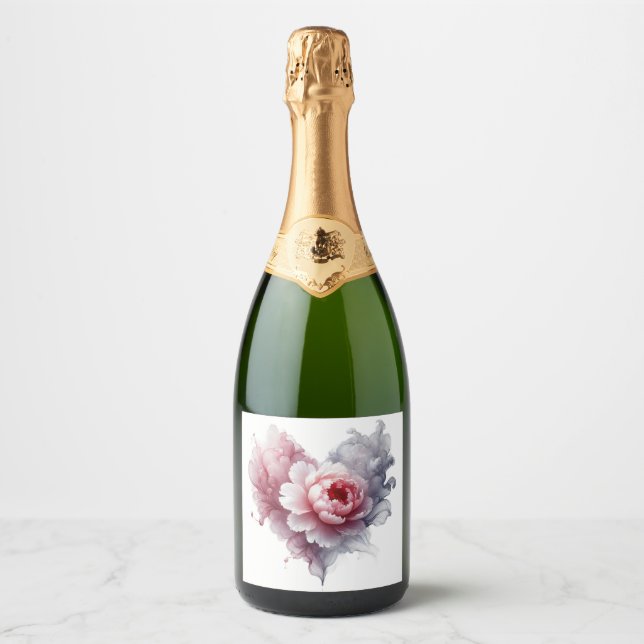 akvarell blomma hjärta champagne flaska etikett (Framsida)