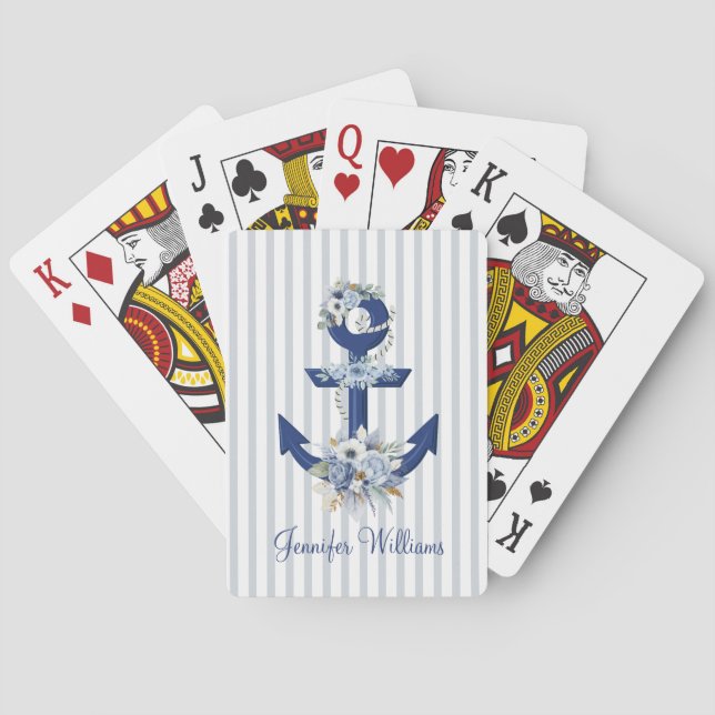 akvarell blommande blå nautiska ränder modern casinokort (Baksidan)