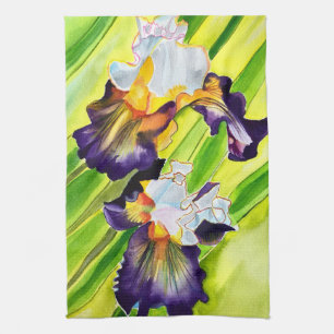 Akvarell blommande iris lila grön kökshandduk