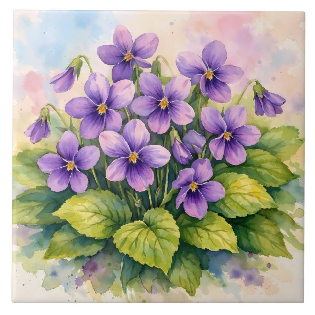 Akvarell Blommande Lila Violer  Kakelplatta (Framsidan)