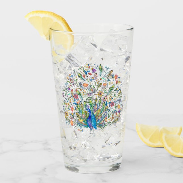 Akvarell blommande påfågel  glaskopp (Framsida Ice)