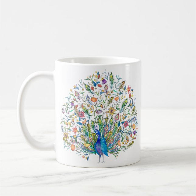Akvarell blommande påfågel  kaffemugg (Vänster)