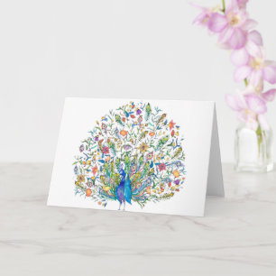 Akvarell blommande påfågel kort