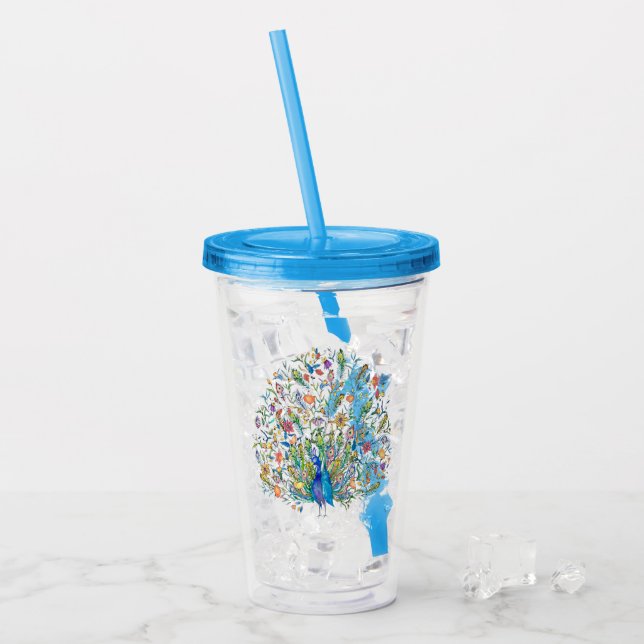 Akvarell blommande påfågel  take away mugg (Framsida Ice)