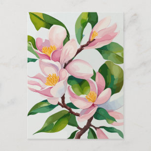 Akvarell Blommande Rosa Magnolia Vykort