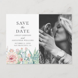 Akvarell blommande suckulent. Kaktus Save the Date Vykort
