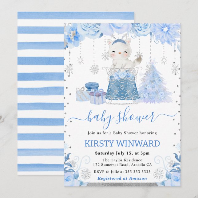 Akvarell Blommig Arktisk Räv Baby Shower Inbjudningar (Fram/baksida)