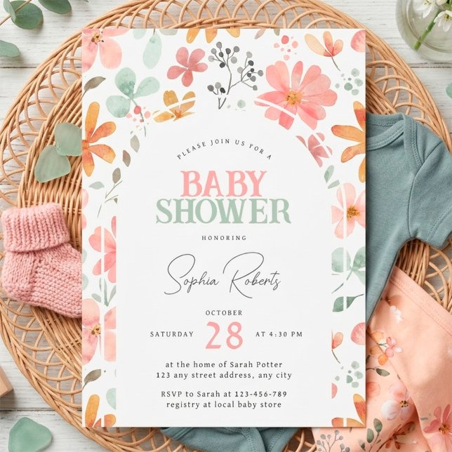 Akvarell Blommig Båge Flicka Bebis Shower Inbjudningar (Watercolor Floral Arch Girl Baby Shower Invitation)