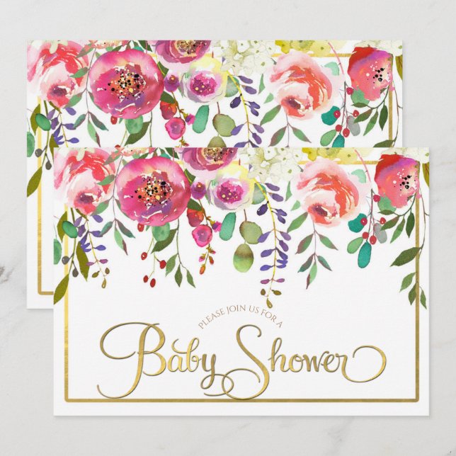 Akvarell Blommig Blommor Modern Baby Shower Inbjudningar (Fram/baksida)