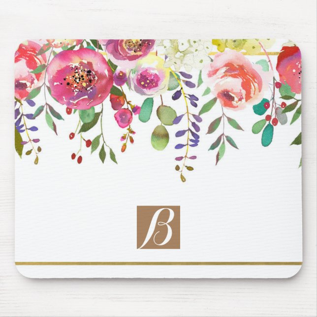 Akvarell Blommig Blommor Modern Färgrik Djärv Musmatta (Framsidan)
