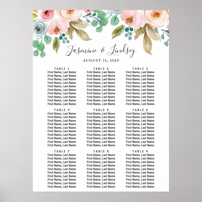 Akvarell Blommig Bordplan 9 Bord Bröllop Poster (Framsidan)