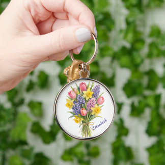 Akvarell Blommig Bukett Vår Rund Silverfärgad Nyckelring