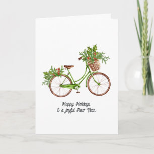Akvarell Blommig Cykel Jul Familjefoto Helgkort